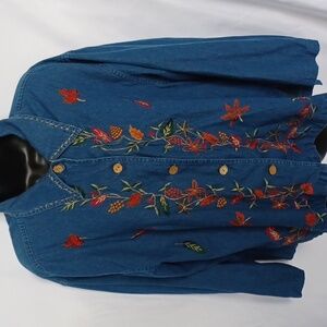 New Directions Blue Jean Floral Embroidered Jacket, 1X
